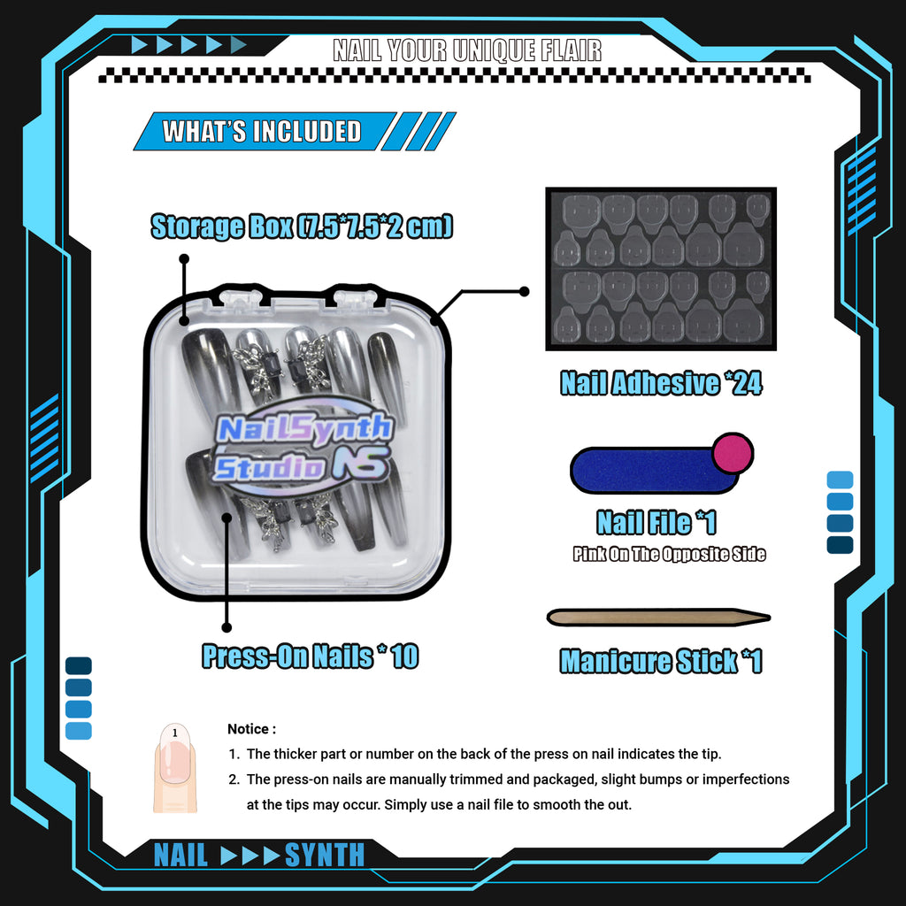 Faux ongles à coller Nailsynth – Chrome argenté gothique avec motifs féeriques et pierres précieuses 3D, lot de 10 faux ongles tendance, adhésif, bâton de manucure et lime à ongles inclus.