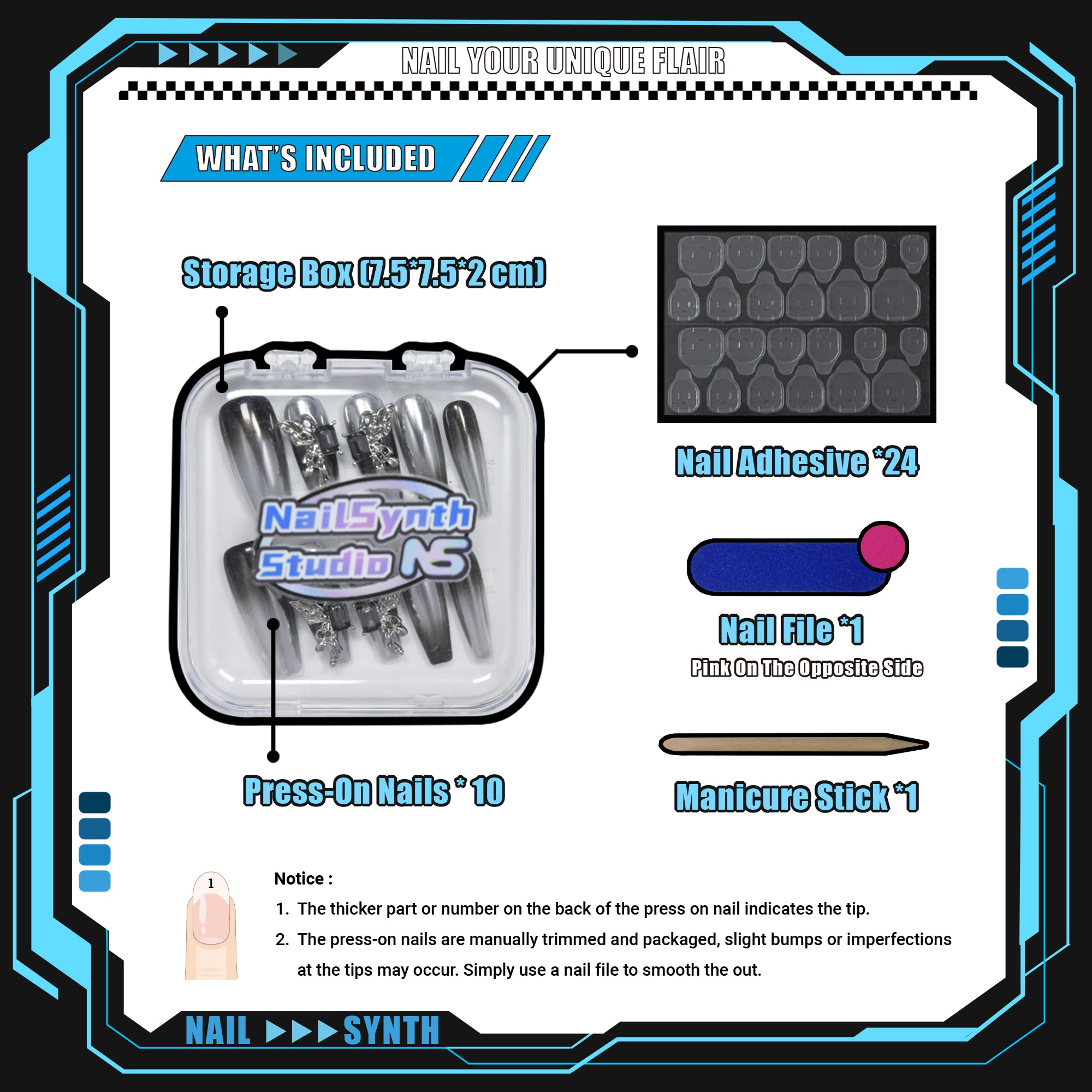 Faux ongles à coller Nailsynth – Chrome argenté gothique avec motifs féeriques et pierres précieuses 3D, lot de 10 faux ongles tendance, adhésif, bâton de manucure et lime à ongles inclus.