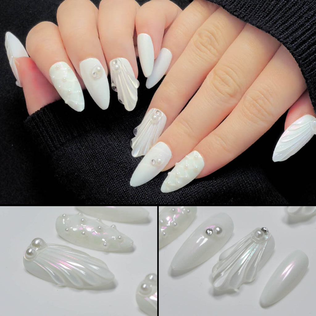 Faux ongles à coller Nailsynth – Élégant thème sirène blanche nacré avec coquillages 3D et perles, lot de 10 faux ongles tendance, colle à ongles, bâton de manucure et lime à ongles inclus.