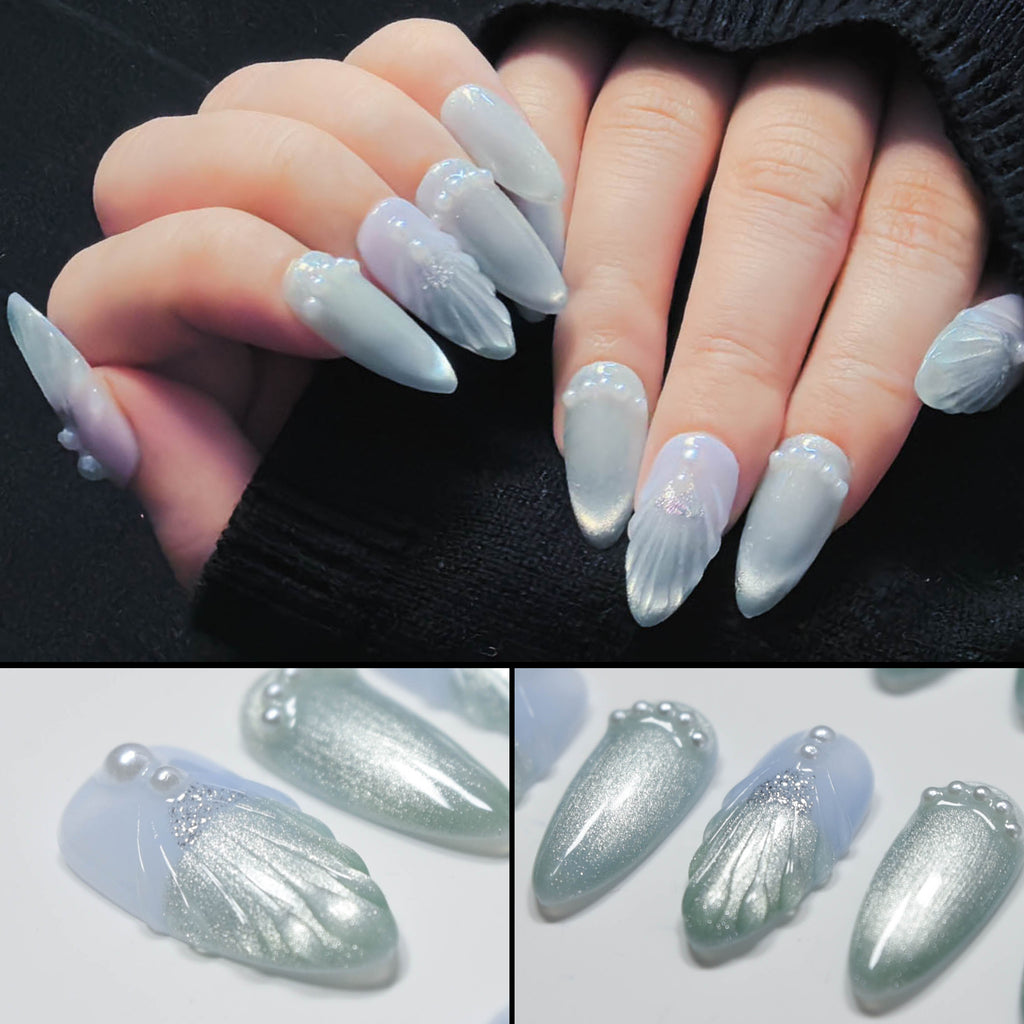 Faux ongles autocollants Nailsynth – Thème sirène bleu océan avec coquillages 3D, perles et paillettes, lot de 10 faux ongles tendance, adhésif, bâton de manucure et lime à ongles inclus.