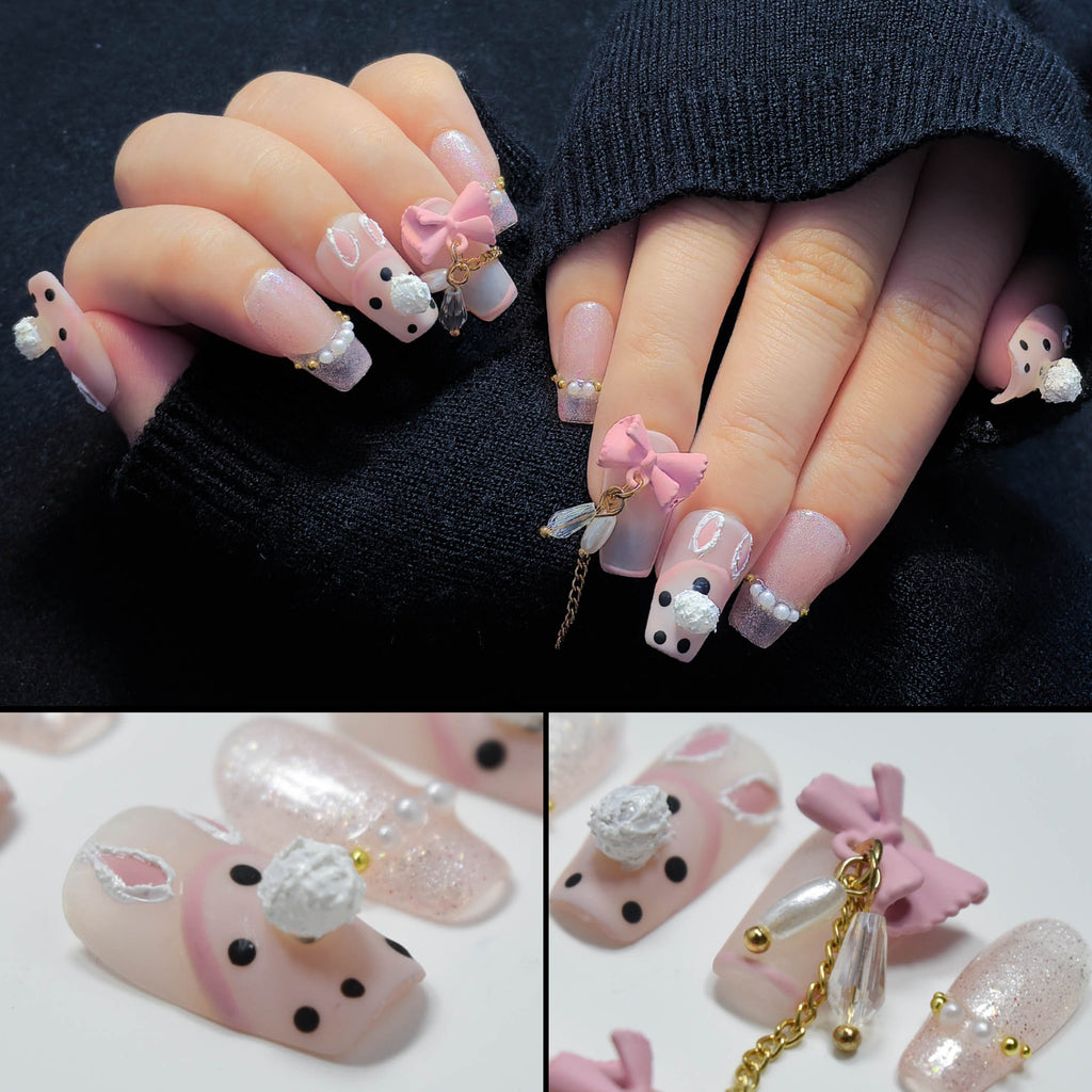 Faux ongles à coller Nailsynth – Adorables breloques 3D en forme de lapin et de nœud avec perles et paillettes, lot de 10 faux ongles tendance, adhésif, bâton de manucure et lime à ongles inclus.