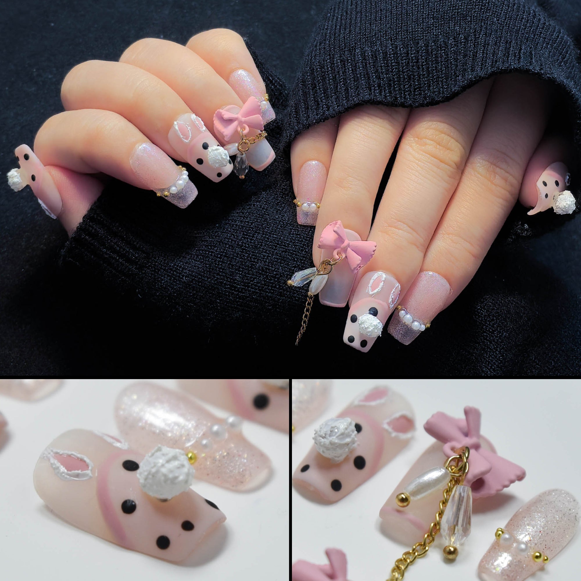 Faux ongles à coller Nailsynth – Adorables breloques 3D en forme de lapin et de nœud avec perles et paillettes, lot de 10 faux ongles tendance, adhésif, bâton de manucure et lime à ongles inclus.