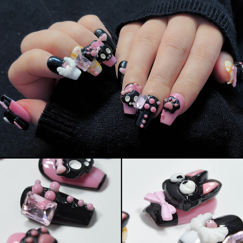 Faux ongles à coller Nailsynth – Adorables motifs chat noir 3D et lolita rose avec nœuds et pierres précieuses, lot de 10 faux ongles tendance, adhésif, bâton de manucure et lime à ongles inclus.