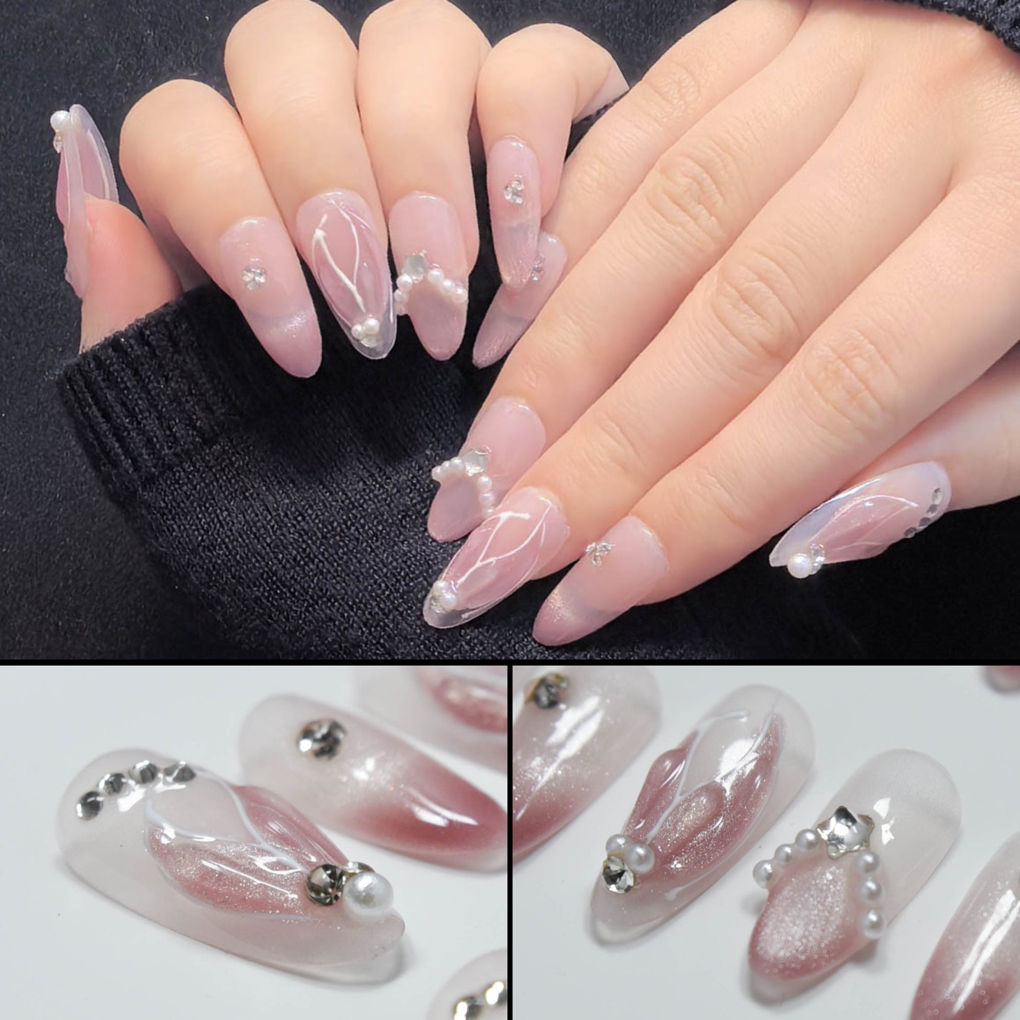 Faux ongles à coller Nailsynth – Élégants reflets or rose avec des touches florales et nacrées en 3D, lot de 10 faux ongles tendance, adhésif, bâton de manucure et lime à ongles inclus.