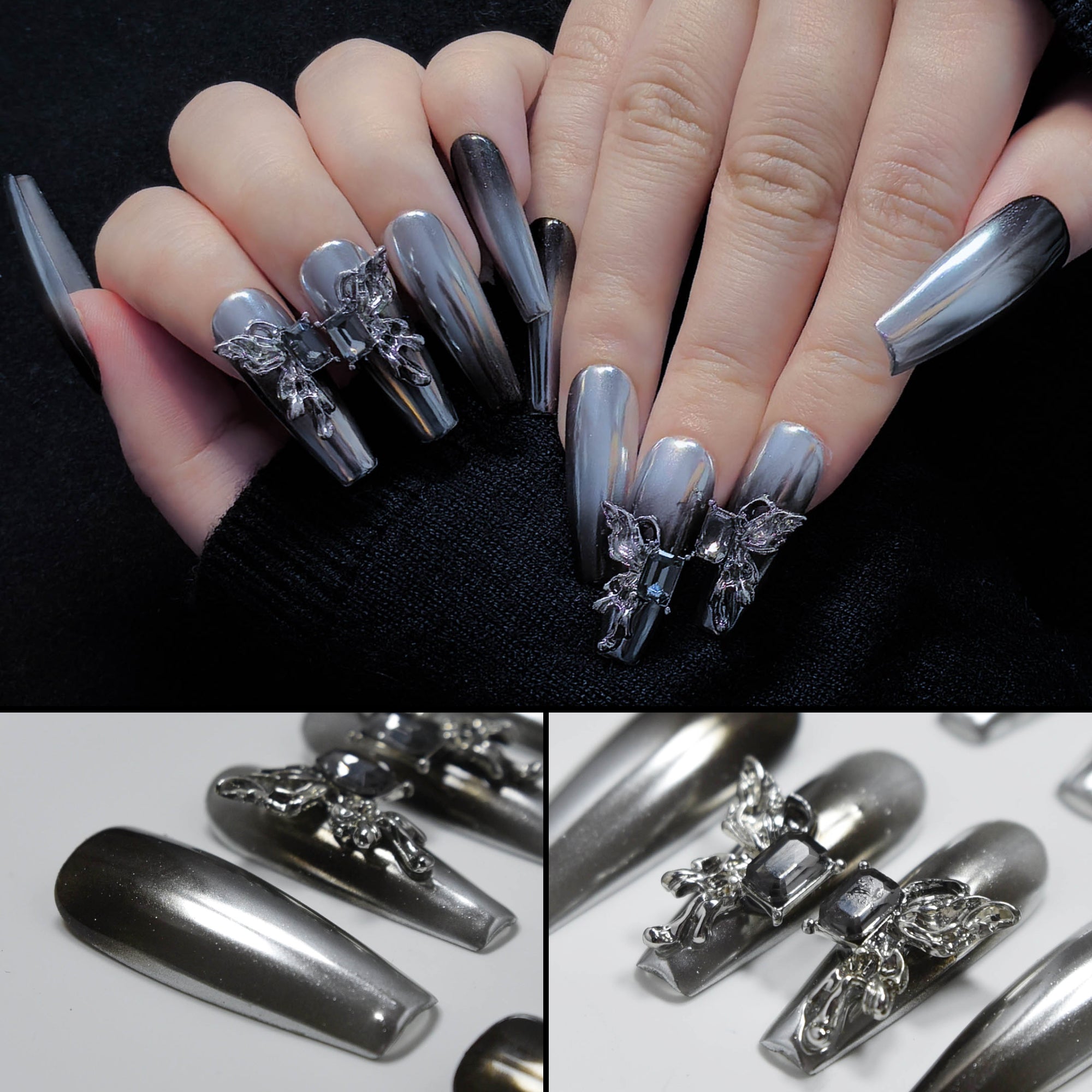 Faux ongles à coller Nailsynth – Chrome argenté gothique avec motifs féeriques et pierres précieuses 3D, lot de 10 faux ongles tendance, adhésif, bâton de manucure et lime à ongles inclus.