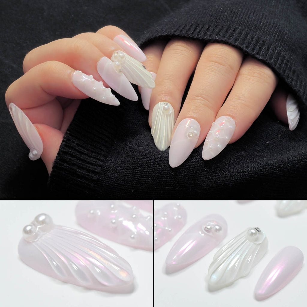 Faux ongles à coller Nailsynth – Thème sirène rose pâle avec coquillages 3D et perles, lot de 10 faux ongles tendance, colle à ongles, bâton de manucure et lime à ongles inclus.
