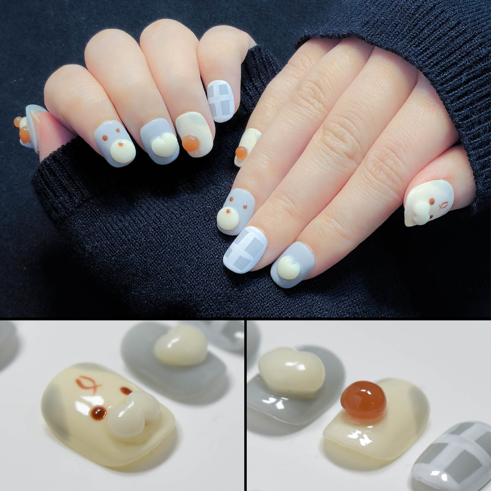 Faux ongles à coller Nailsynth – Adorable motif chiot et cœur 3D aux tons gris et crème doux, lot de 10 faux ongles tendance, adhésif, bâton de manucure et lime à ongles inclus.