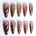 Faux ongles Stiletto à coller faits main Nailsynth – Faux ongles en or rose métallisé et argent chromé, motif cœur, lot de 10 pièces avec adhésif, bâton de manucure et lime à ongles inclus