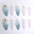 Faux ongles sirène irisés faits main Nailsynth – Motif perles océaniques et étoiles – Lot de 10 faux ongles tendance, adhésif, bâton de manucure et lime à ongles inclus