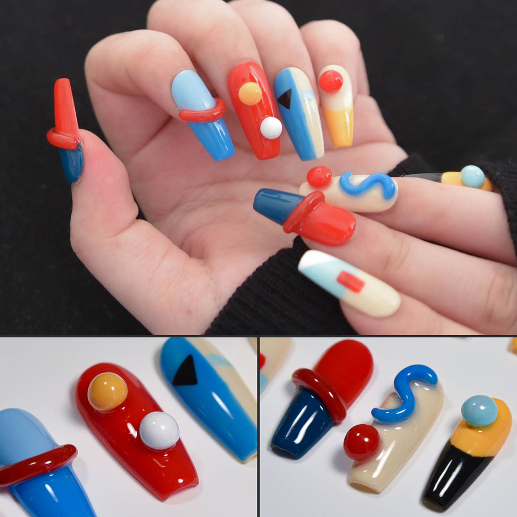 Faux ongles carrés faits main Nailsynth – Style dessin animé 3D ludique avec motifs abstraits audacieux. Lot de 10 faux ongles avec adhésif à ongles gratuit, bâton de manucure et lime à ongles inclus.
