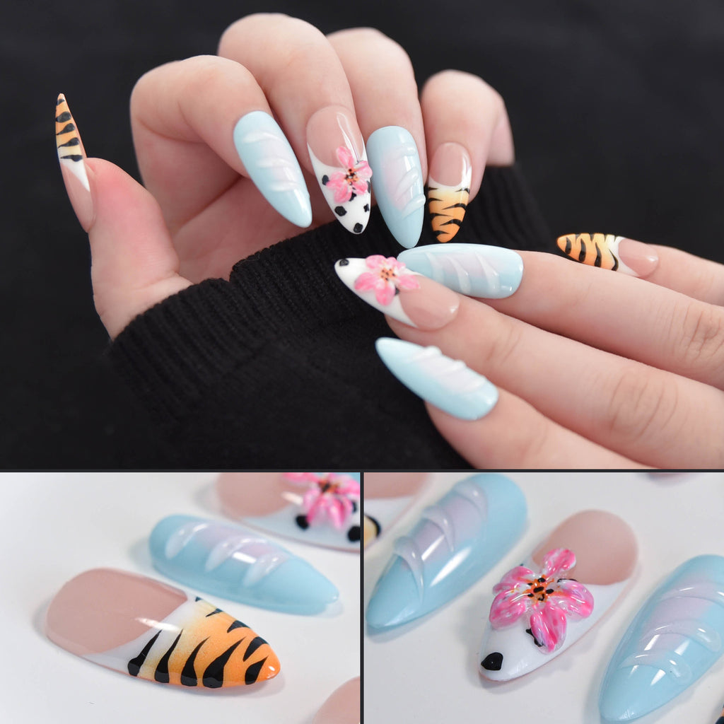 Faux ongles en amande faits main Nailsynth – Bleu pastel, imprimé floral et tigre, lot de 10 pièces avec colle à ongles, bâton de manucure et lime à ongles inclus