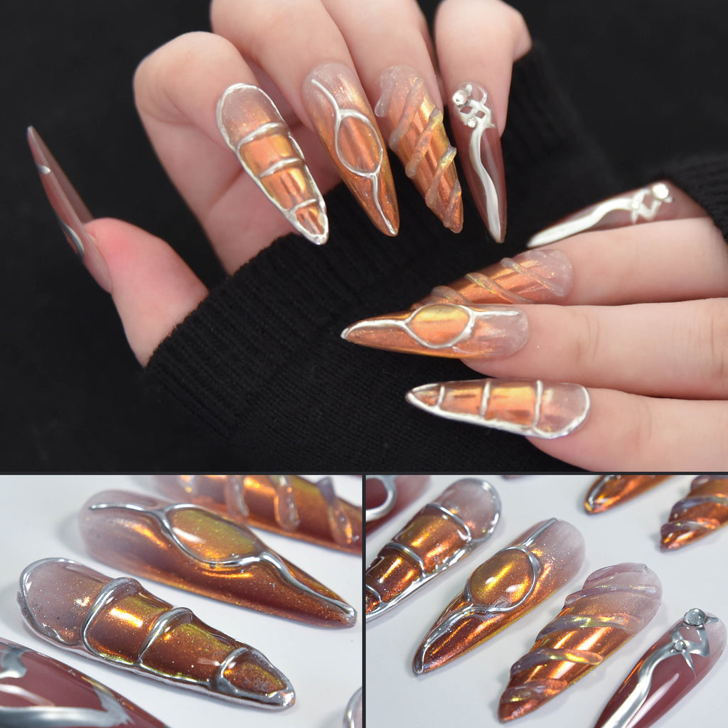 Faux ongles Stiletto à coller faits main Nailsynth – Faux ongles en or rose métallisé et argent chromé, motif cœur, lot de 10 pièces avec adhésif, bâton de manucure et lime à ongles inclus