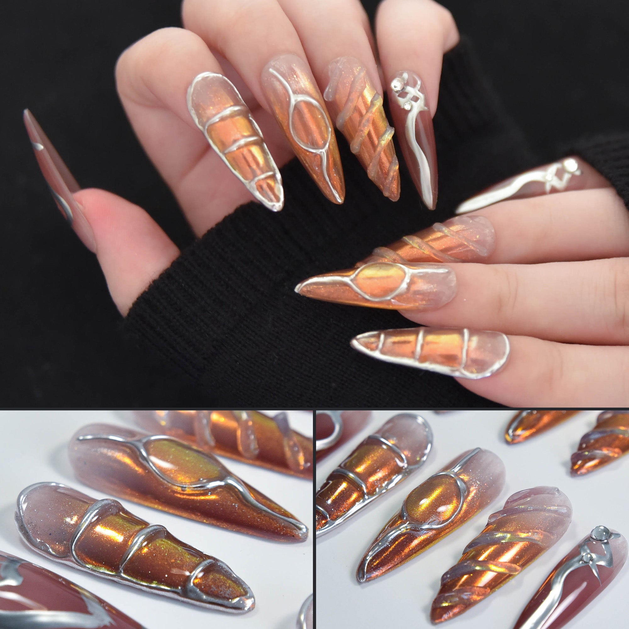 Faux ongles Stiletto à coller faits main Nailsynth – Faux ongles en or rose métallisé et argent chromé, motif cœur, lot de 10 pièces avec adhésif, bâton de manucure et lime à ongles inclus