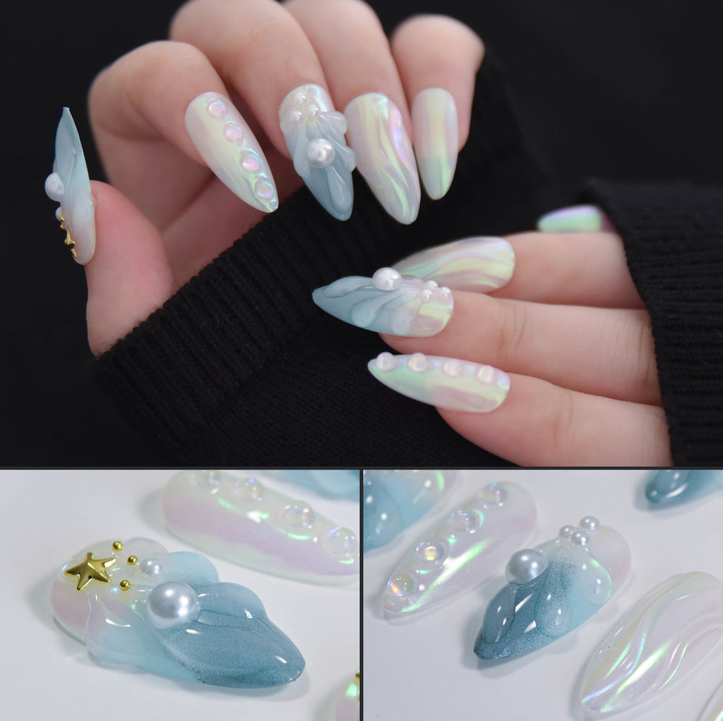 Faux ongles sirène irisés faits main Nailsynth – Motif perles océaniques et étoiles – Lot de 10 faux ongles tendance, adhésif, bâton de manucure et lime à ongles inclus
