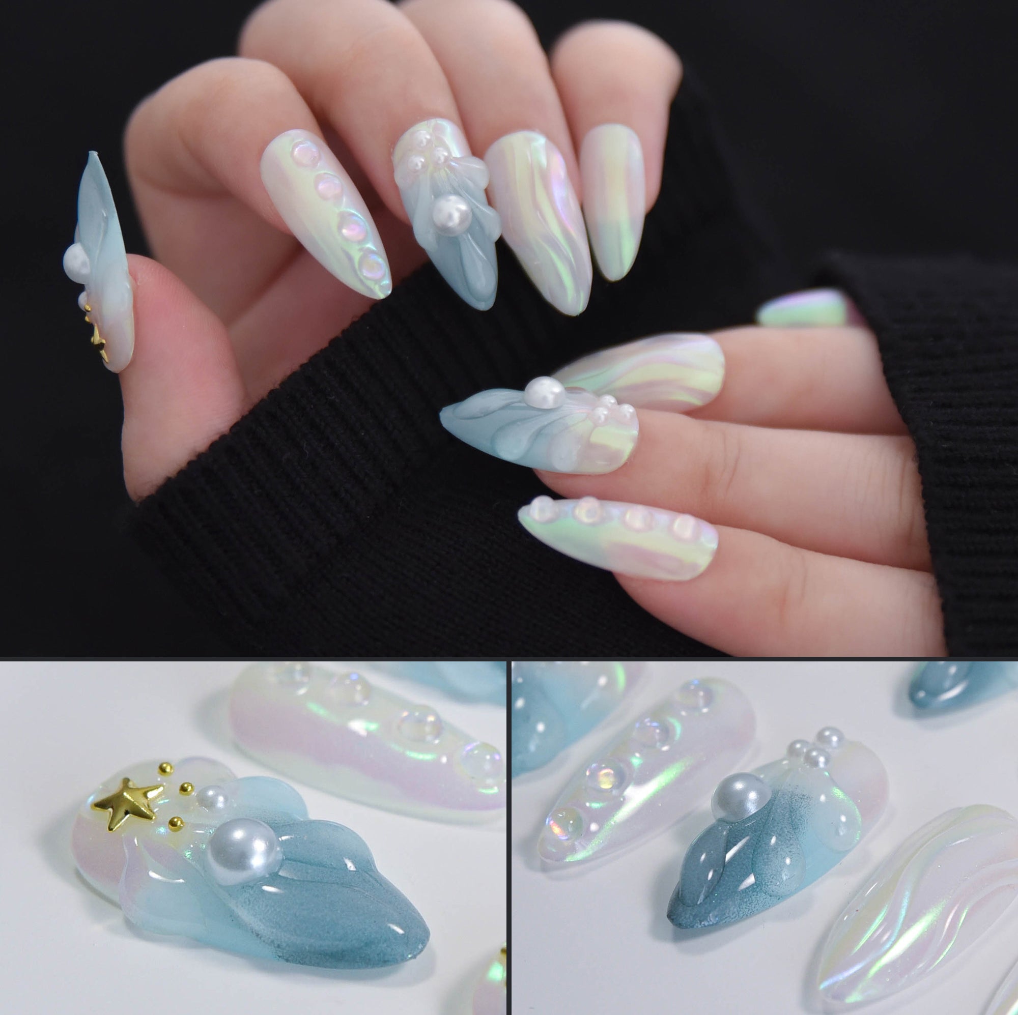 Faux ongles sirène irisés faits main Nailsynth – Motif perles océaniques et étoiles – Lot de 10 faux ongles tendance, adhésif, bâton de manucure et lime à ongles inclus