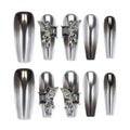 Faux ongles à coller Nailsynth – Chrome argenté gothique avec motifs féeriques et pierres précieuses 3D, lot de 10 faux ongles tendance, adhésif, bâton de manucure et lime à ongles inclus.