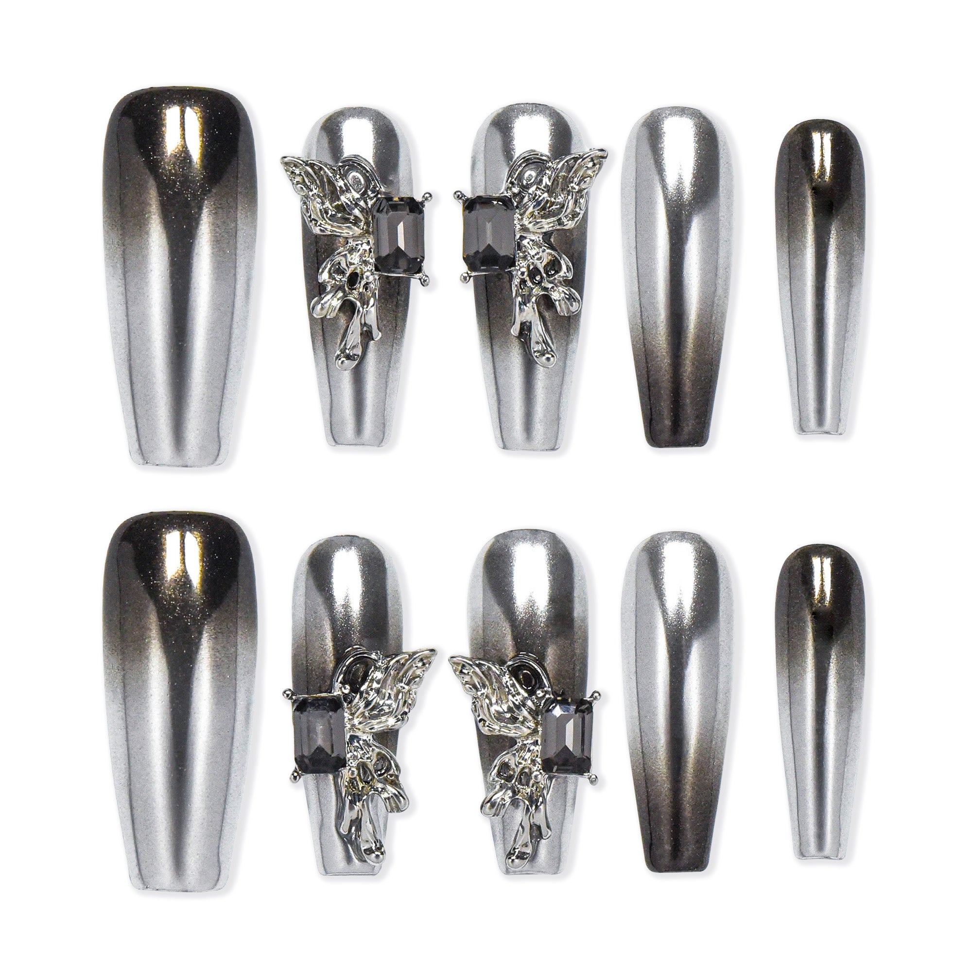 Faux ongles à coller Nailsynth – Chrome argenté gothique avec motifs féeriques et pierres précieuses 3D, lot de 10 faux ongles tendance, adhésif, bâton de manucure et lime à ongles inclus.