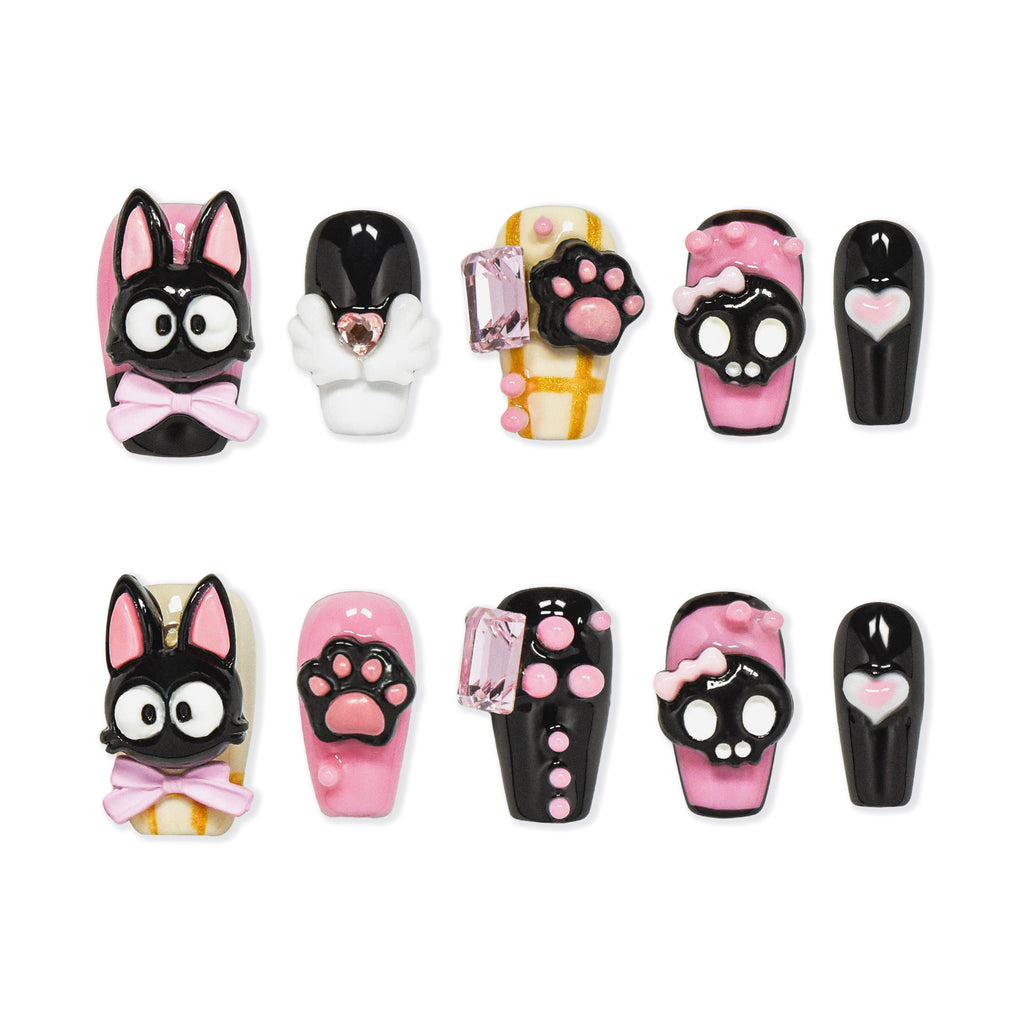 Faux ongles à coller Nailsynth – Adorables motifs chat noir 3D et lolita rose avec nœuds et pierres précieuses, lot de 10 faux ongles tendance, adhésif, bâton de manucure et lime à ongles inclus.