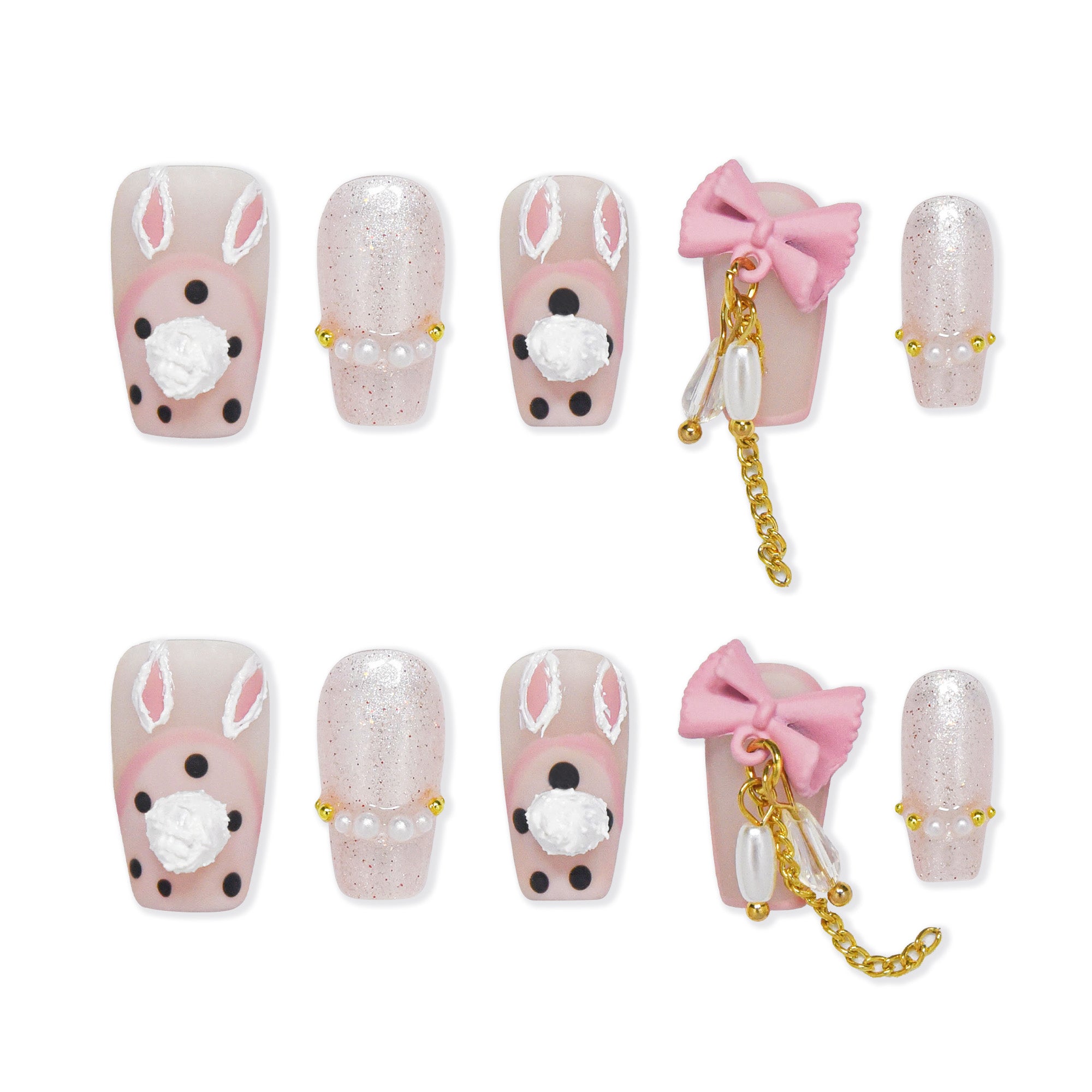 Faux ongles à coller Nailsynth – Adorables breloques 3D en forme de lapin et de nœud avec perles et paillettes, lot de 10 faux ongles tendance, adhésif, bâton de manucure et lime à ongles inclus.