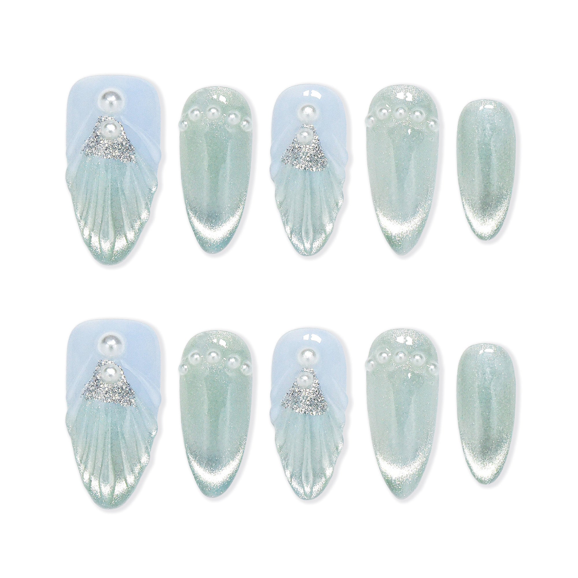 Faux ongles autocollants Nailsynth – Thème sirène bleu océan avec coquillages 3D, perles et paillettes, lot de 10 faux ongles tendance, adhésif, bâton de manucure et lime à ongles inclus.