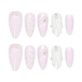 Faux ongles à coller Nailsynth – Thème sirène rose pâle avec coquillages 3D et perles, lot de 10 faux ongles tendance, colle à ongles, bâton de manucure et lime à ongles inclus.