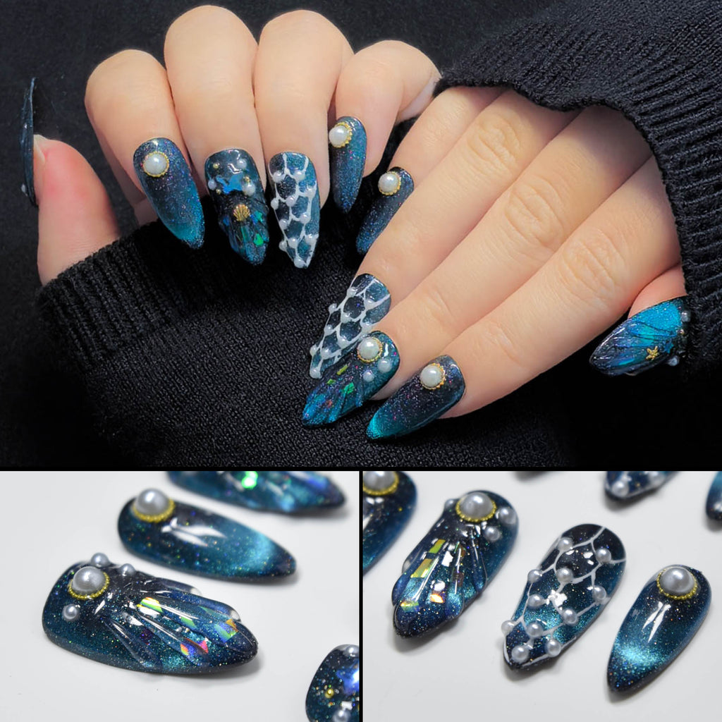 Faux ongles à coller Nailsynth – Thème sirène cosmique avec paillettes, perles et accents océaniques 3D, lot de 10 faux ongles tendance, adhésif, bâton de manucure et lime à ongles inclus