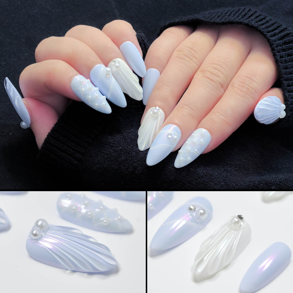 Faux ongles à coller Nailsynth – Élégant thème sirène perlée avec coquillages et détails 3D, lot de 10 faux ongles tendance, adhésif, bâton de manucure et lime à ongles inclus.