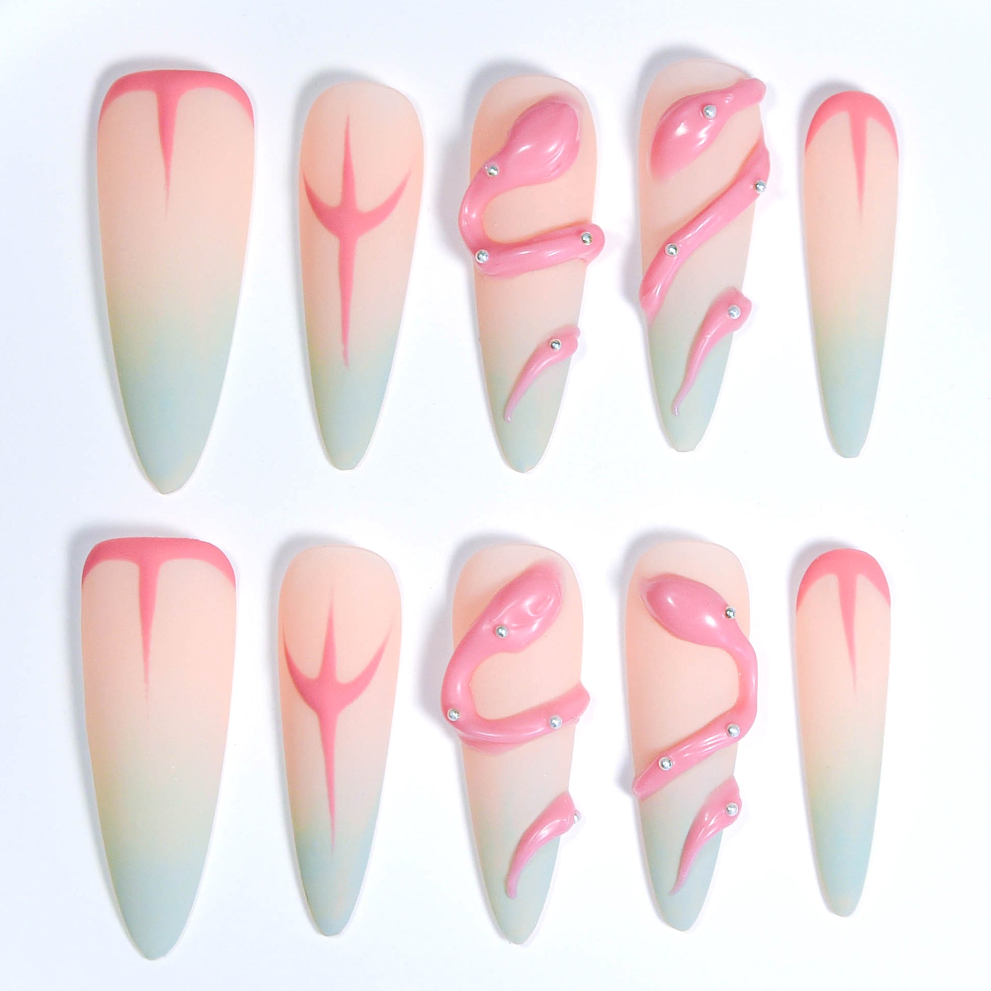 Faux ongles Stiletto à coller faits main par Nailsynth – Dégradé mat artistique avec motif serpent rose 3D, lot de 10 pièces avec adhésif, bâton de manucure et lime à ongles inclus.