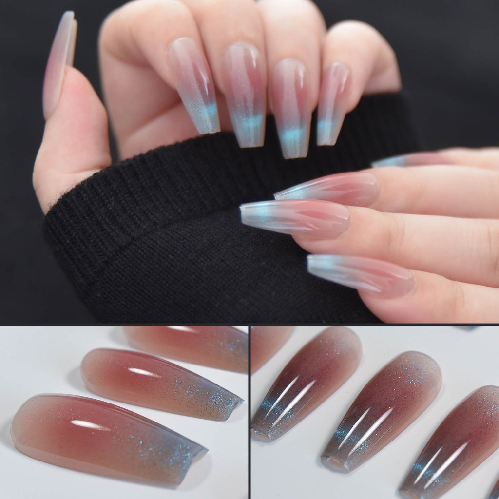 Faux ongles cercueil à coller faits main Nailsynth – Élégants faux ongles à paillettes dégradées roses et bleues, lot de 10 pièces avec adhésif à ongles, bâton de manucure et lime à ongles inclus.